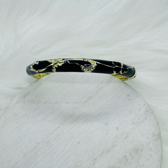 Flower Enamel Cloisonne Bracelet Bangle in Black & Gold - Picture 3 of 7